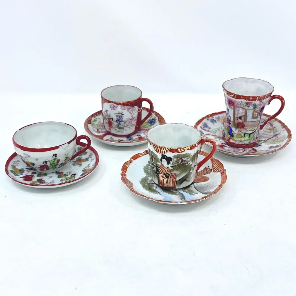 Vtg Japanese Geisha Girl Porcelain Demitasse Cup Saucer Set Lot Mismatched READ